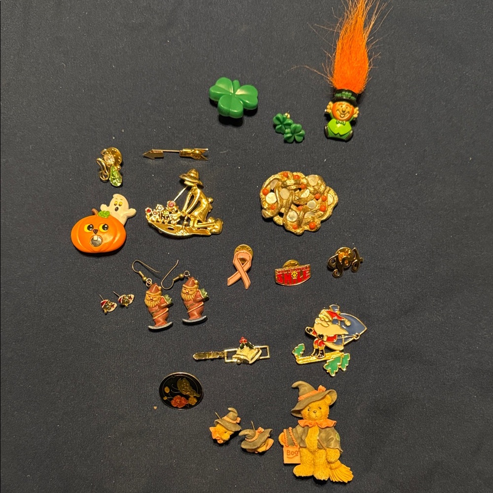Assorted Vintage Holiday Pins, Earrings, and Brooches